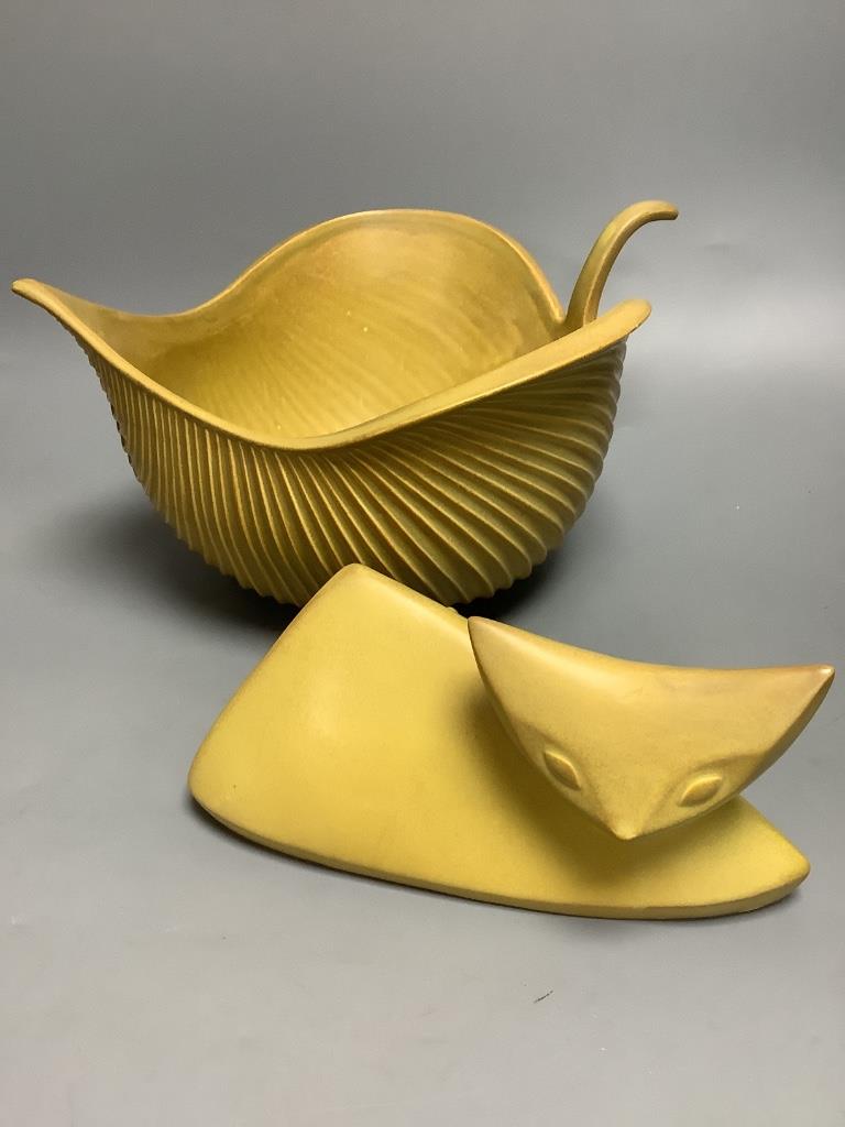 A Jonathan Adler large leaf-shaped pottery bowl and a figure of a cat